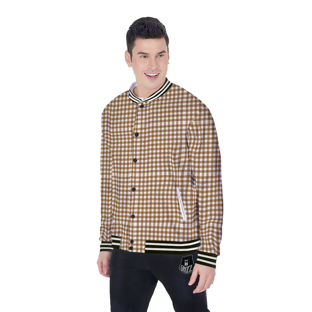Gingham White And Brown Print Pattern Baseball Jacket-grizzshop
