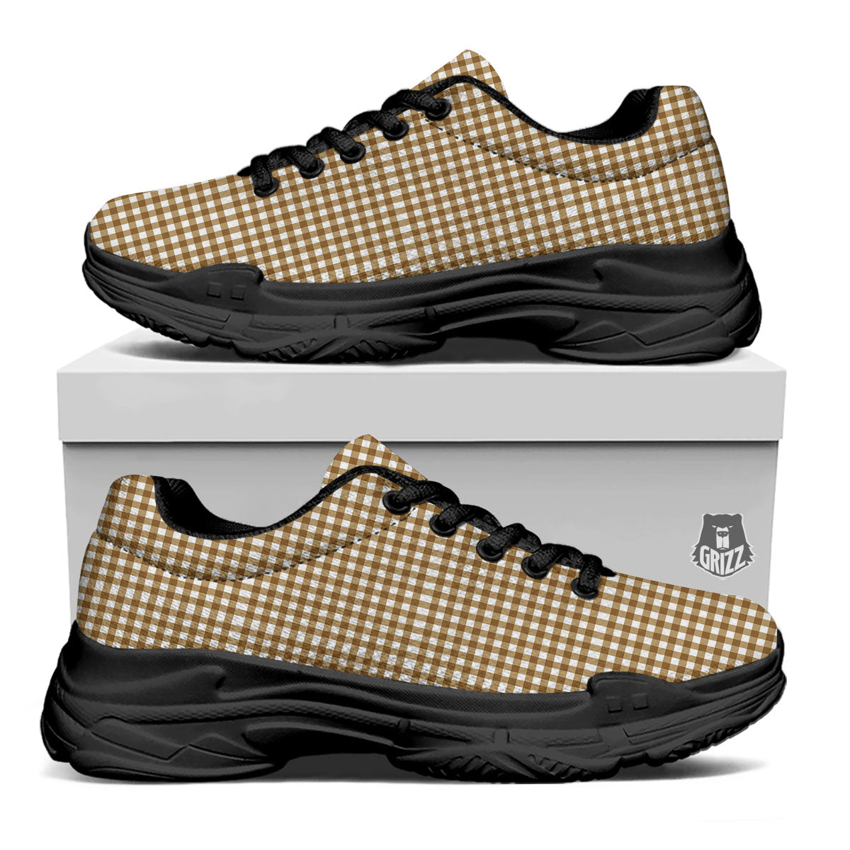 Gingham White And Brown Print Pattern Black Chunky Shoes-grizzshop