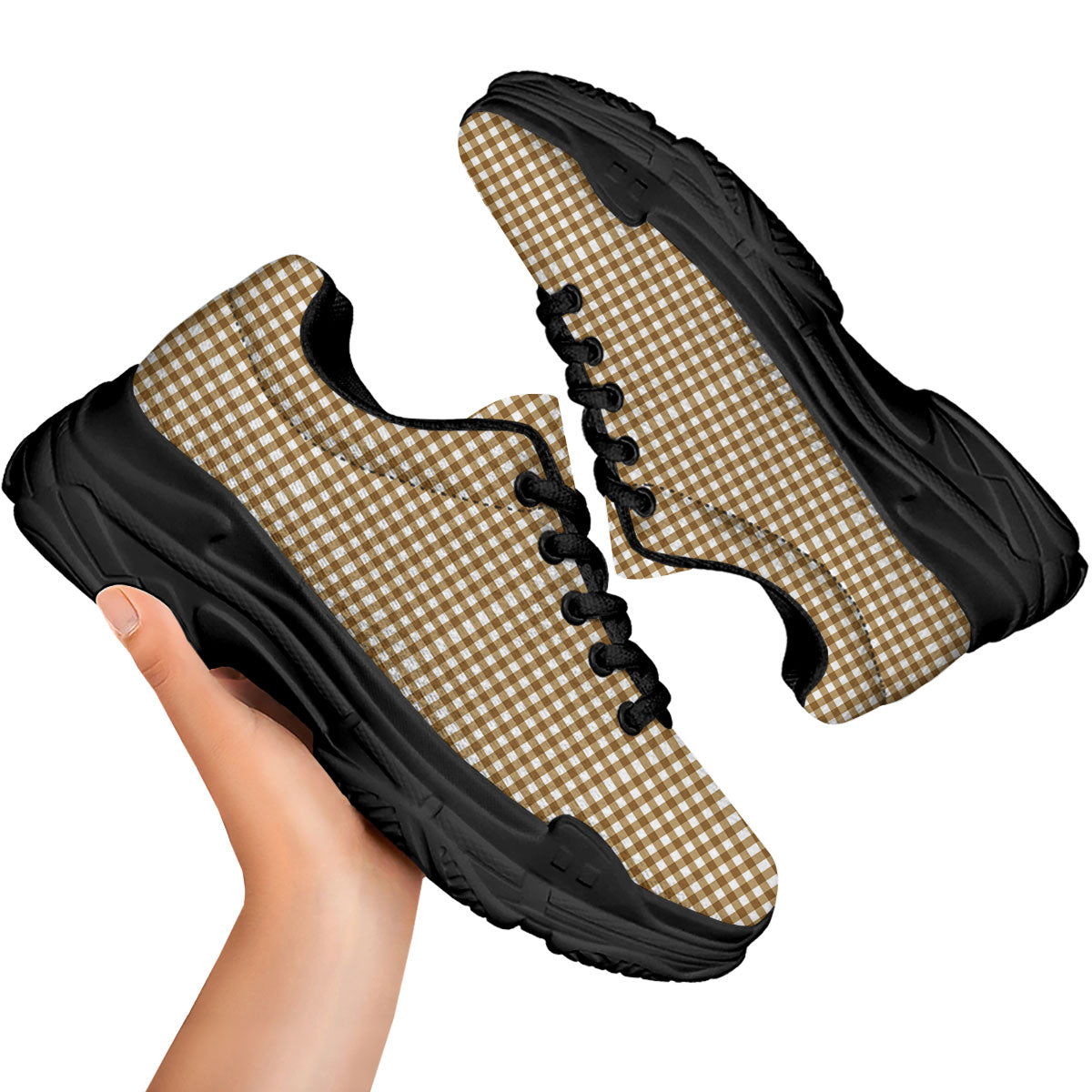 Gingham White And Brown Print Pattern Black Chunky Shoes-grizzshop