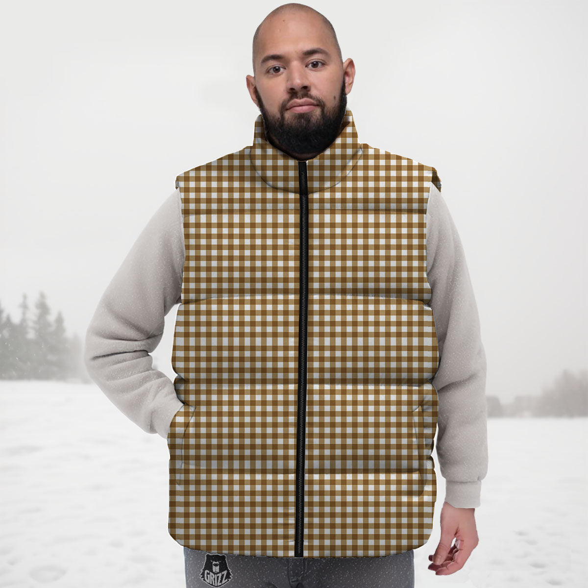 Gingham White And Brown Print Pattern Down Vest-grizzshop