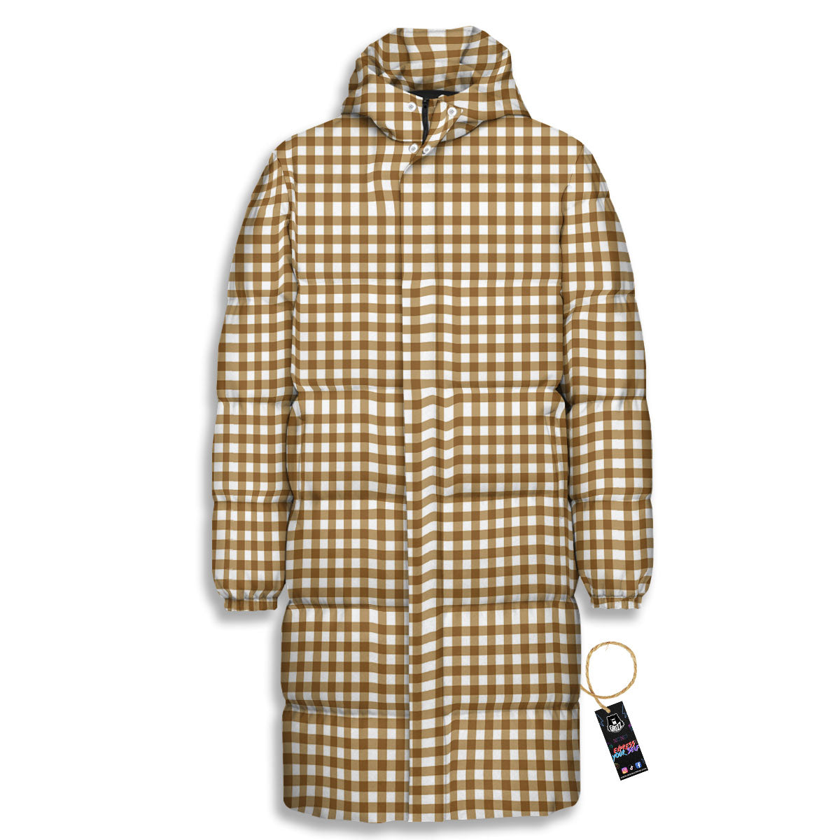 Gingham White And Brown Print Pattern Long Down Jacket-grizzshop
