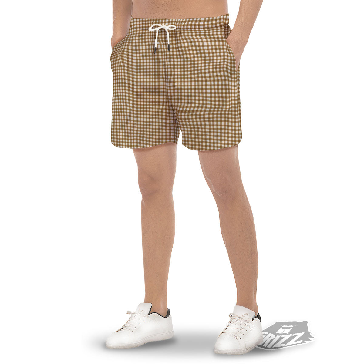 Gingham White And Brown Print Pattern Men's Gym Shorts-grizzshop