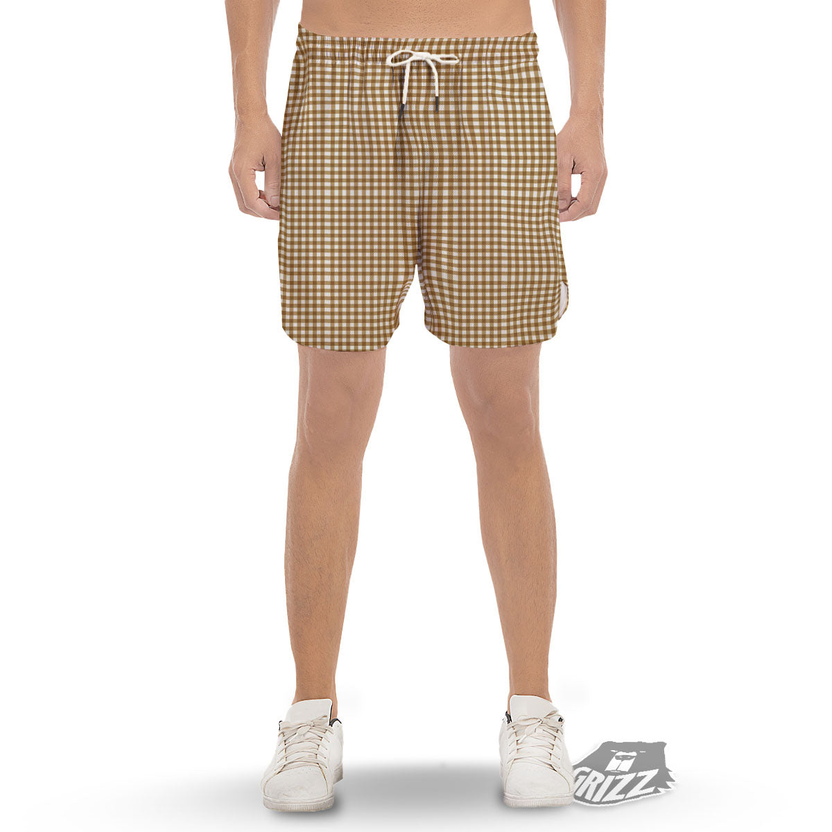 Gingham White And Brown Print Pattern Men's Gym Shorts-grizzshop