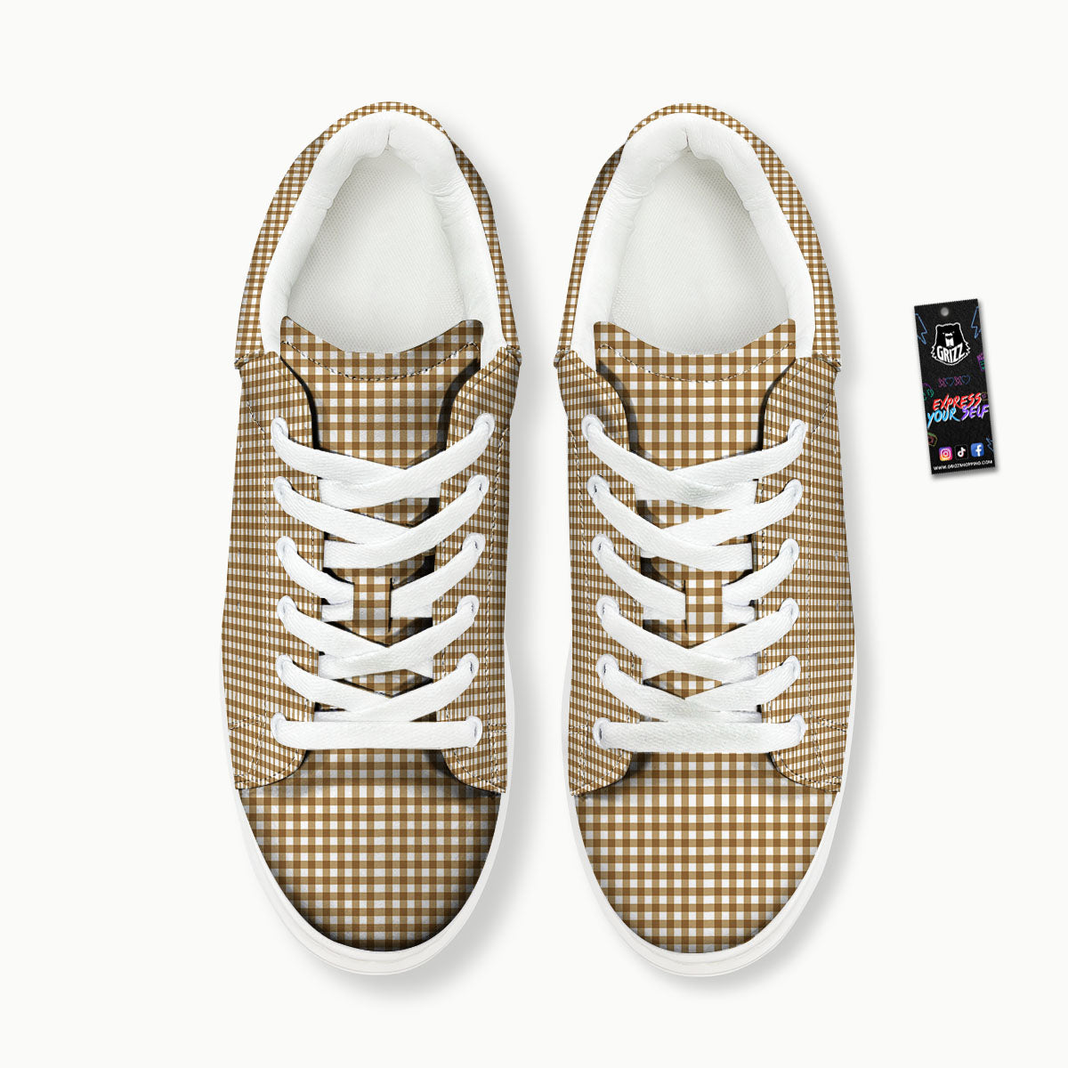 Gingham White And Brown Print Pattern Platform Shoes-grizzshop
