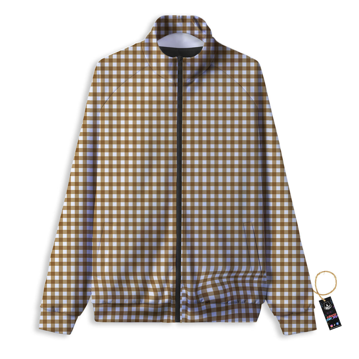 Gingham White And Brown Print Pattern Track Jacket-grizzshop