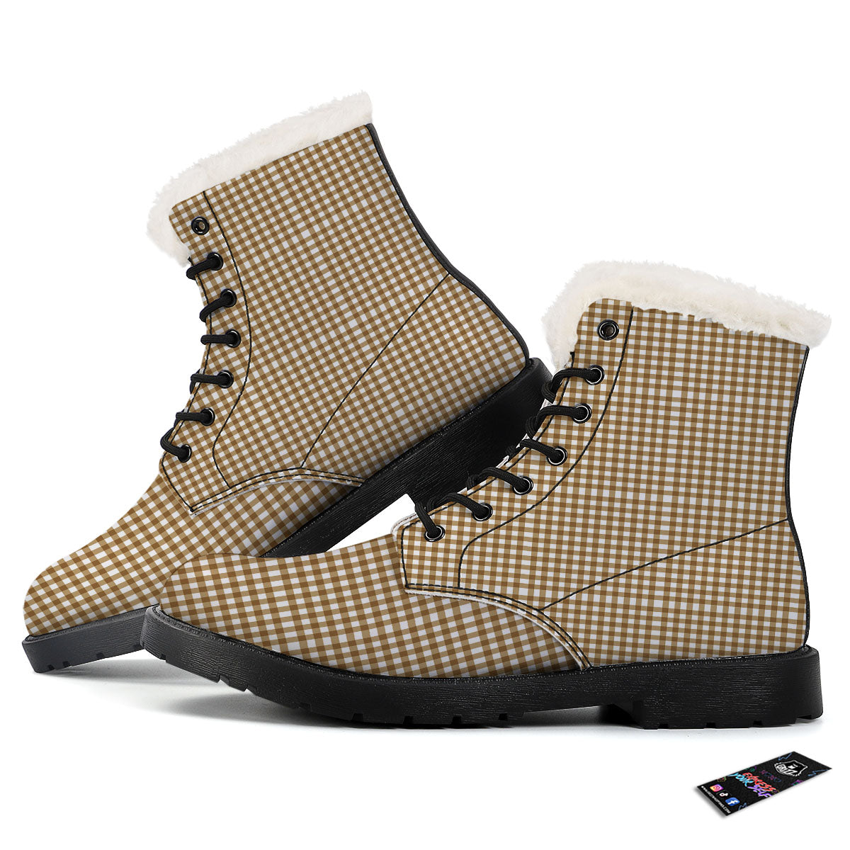Gingham White And Brown Print Pattern Winter Boots-grizzshop