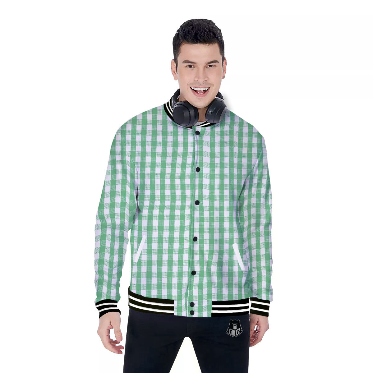 Gingham White And Green Print Pattern Baseball Jacket-grizzshop