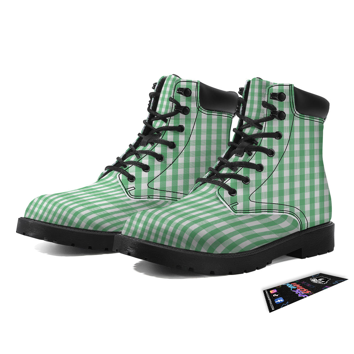 Gingham White And Green Print Pattern Boots-grizzshop