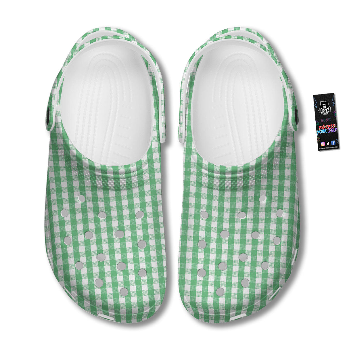 Gingham White And Green Print Pattern Clog-grizzshop