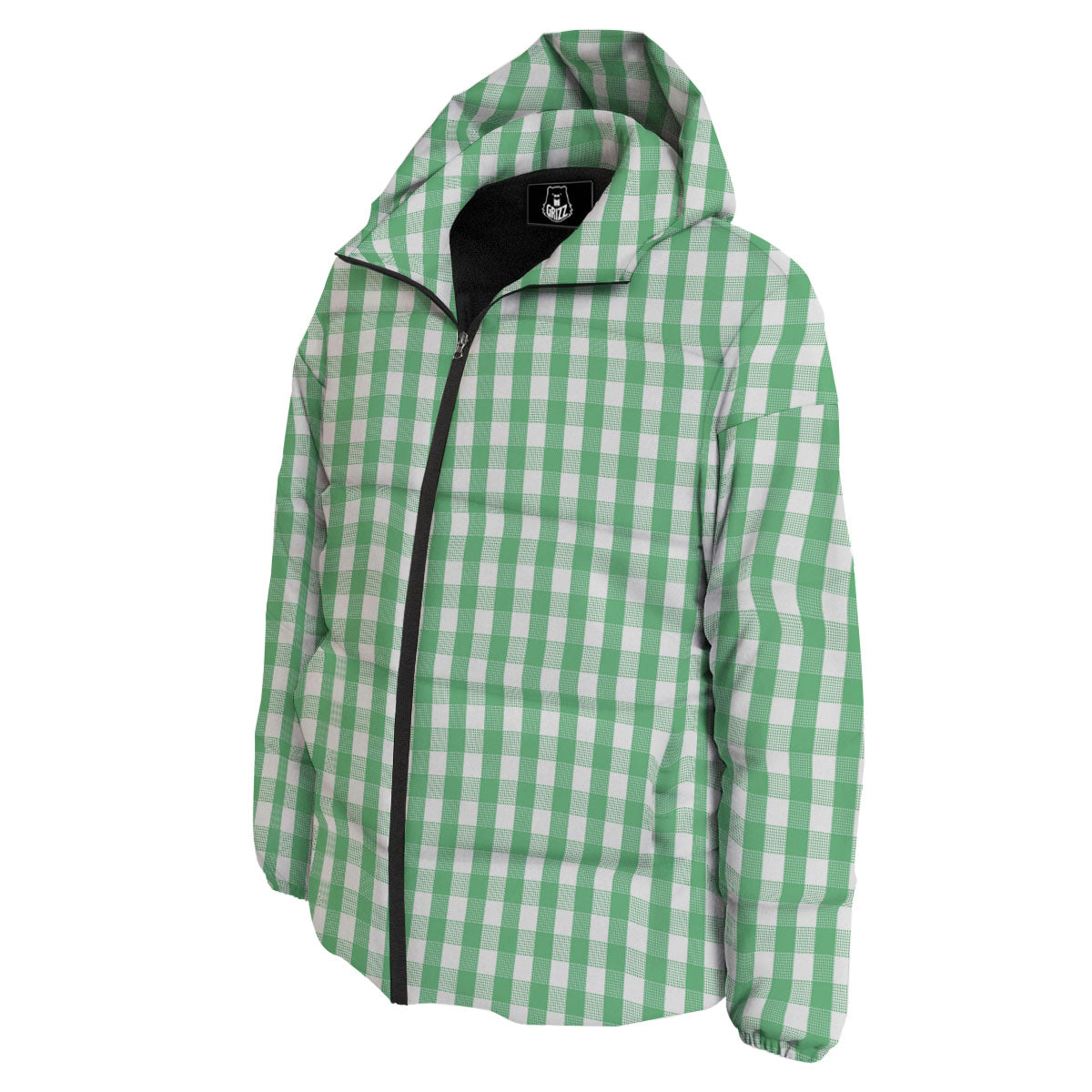 Gingham White And Green Print Pattern Down Jacket-grizzshop