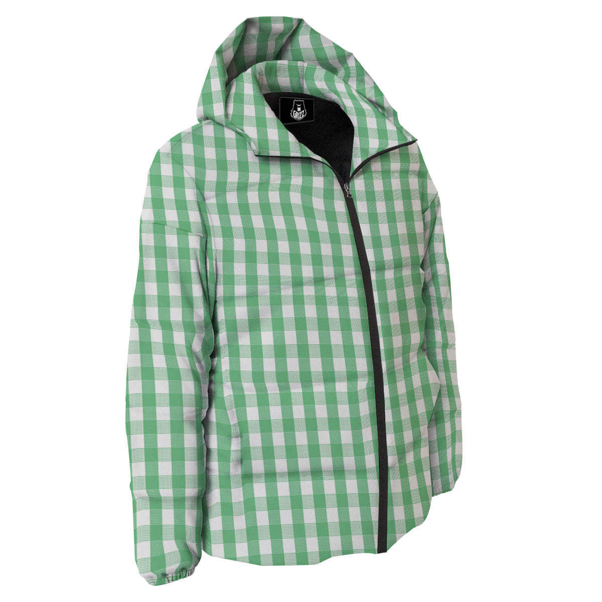 Gingham White And Green Print Pattern Down Jacket-grizzshop