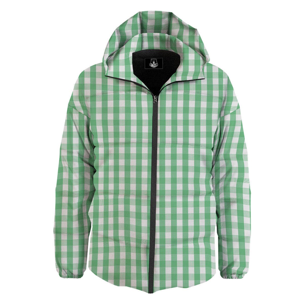 Gingham White And Green Print Pattern Down Jacket-grizzshop