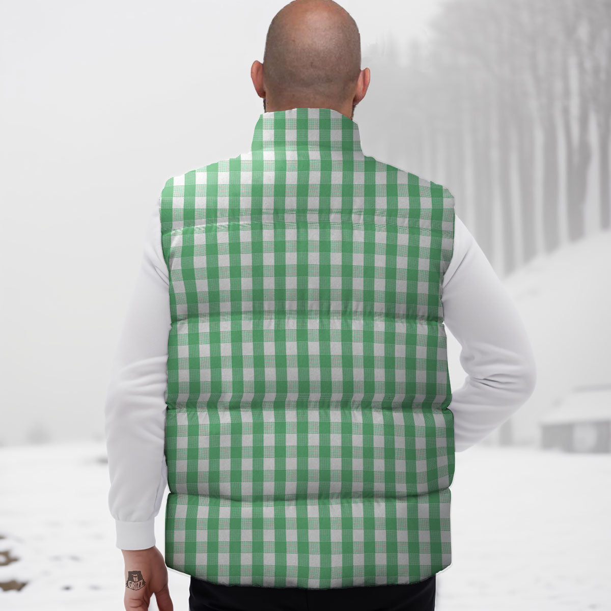 Gingham White And Green Print Pattern Down Vest-grizzshop