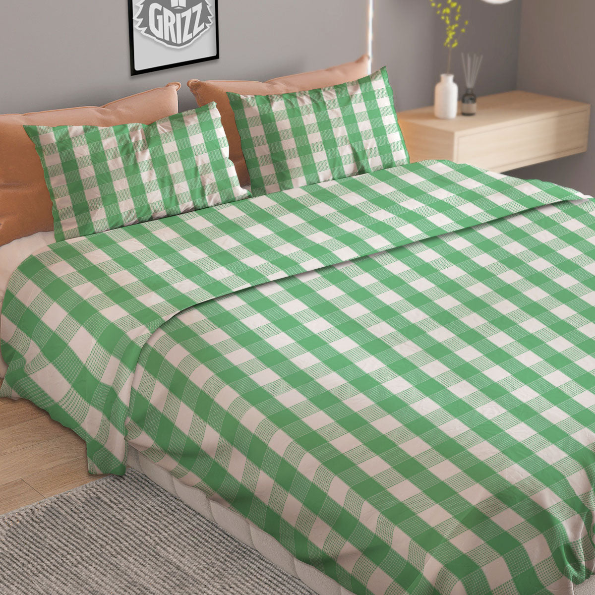 Gingham White And Green Print Pattern Duvet Cover Bedding Set