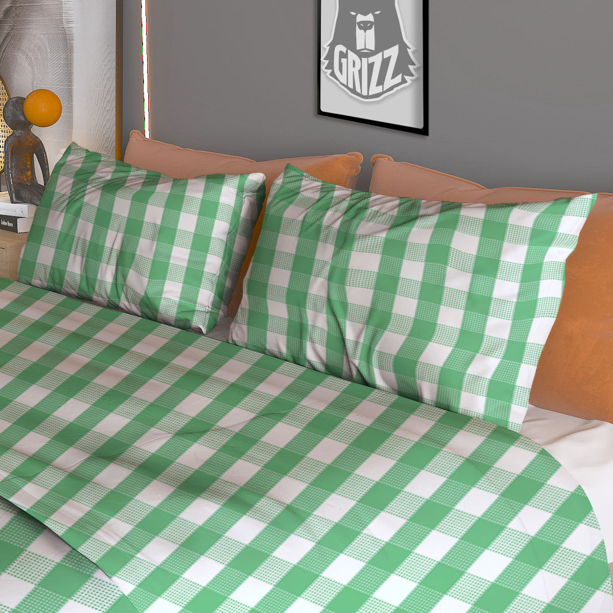 Gingham White And Green Print Pattern Duvet Cover Bedding Set