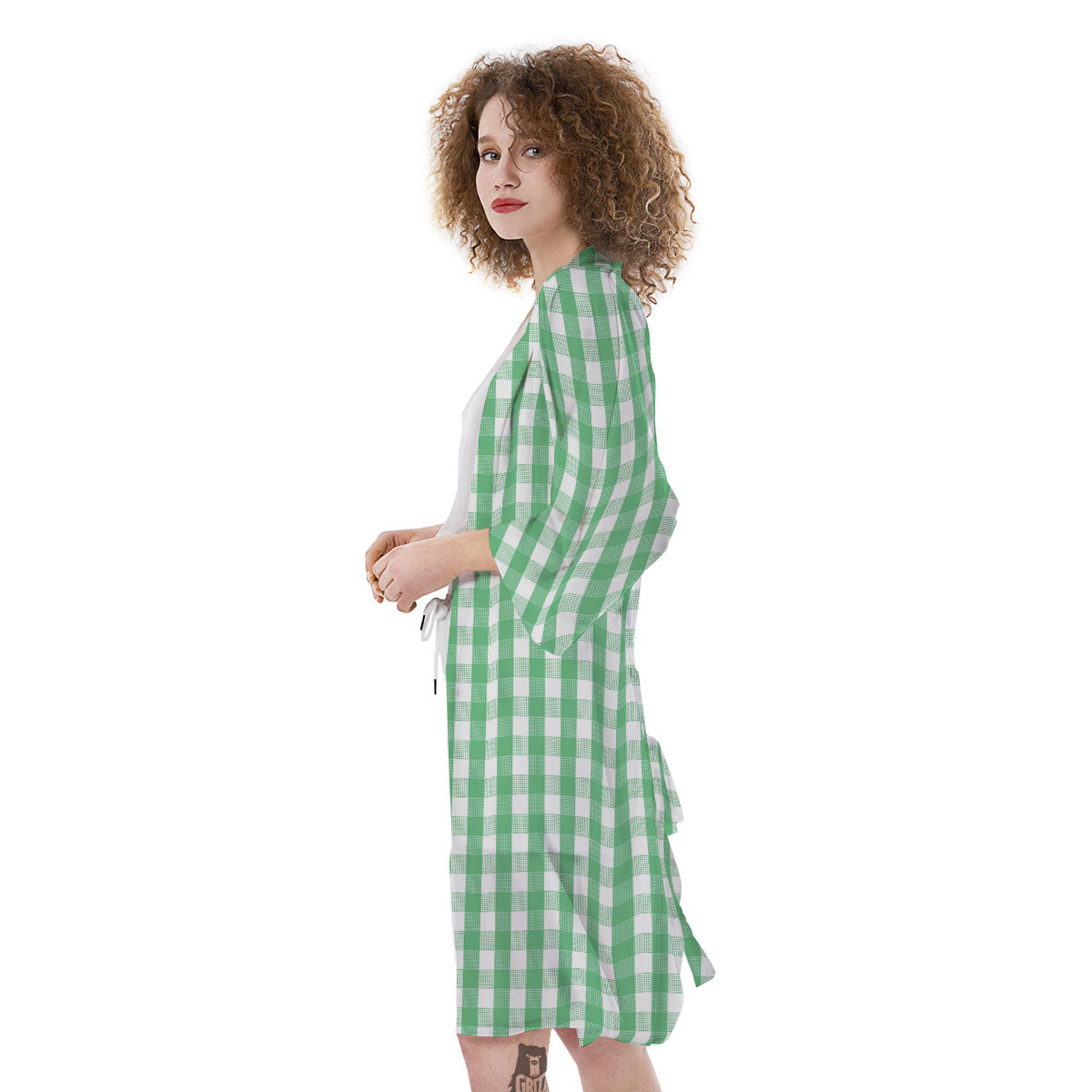 Gingham White And Green Print Pattern Kimono-grizzshop