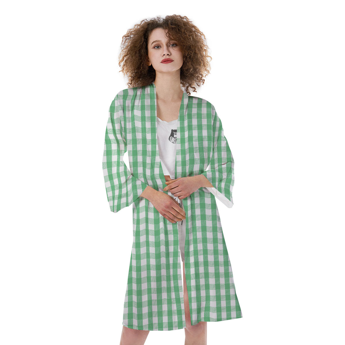 Gingham White And Green Print Pattern Kimono-grizzshop