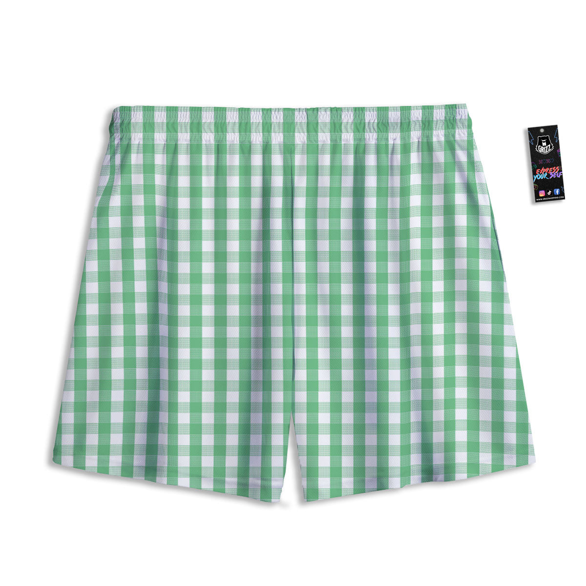 Gingham White And Green Print Pattern Mesh Shorts