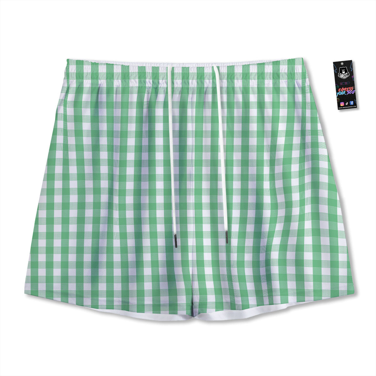 Gingham White And Green Print Pattern Mesh Shorts