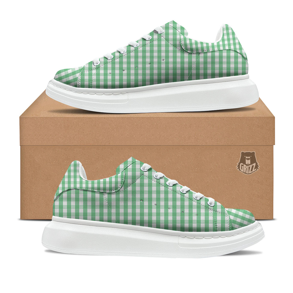 Gingham White And Green Print Pattern Platform Shoes-grizzshop