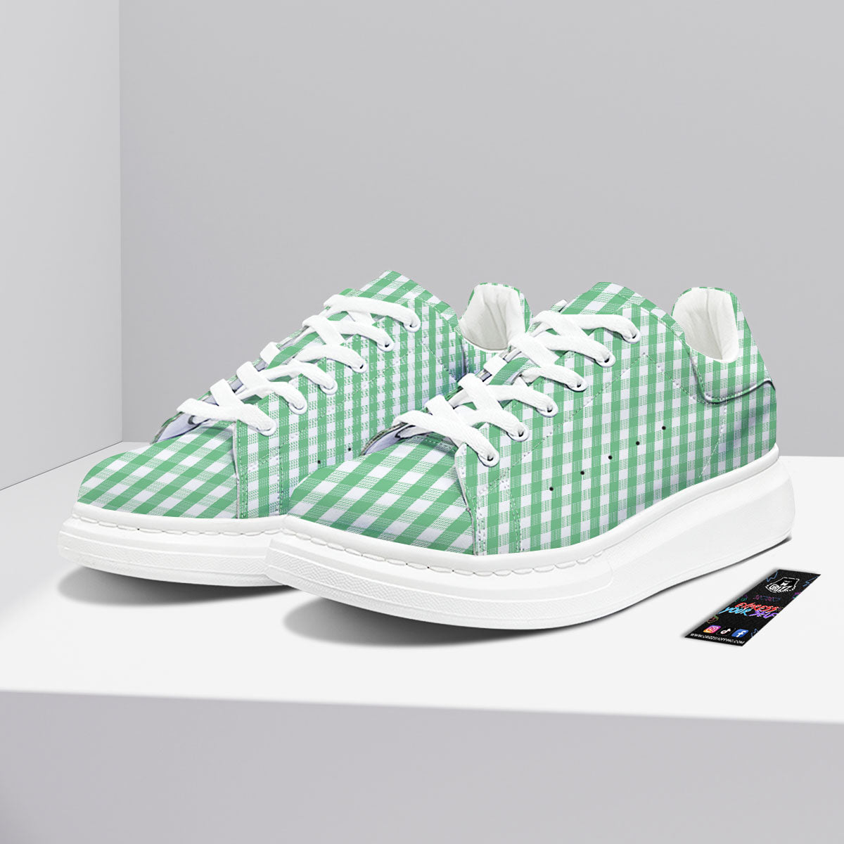 Gingham White And Green Print Pattern Platform Shoes-grizzshop