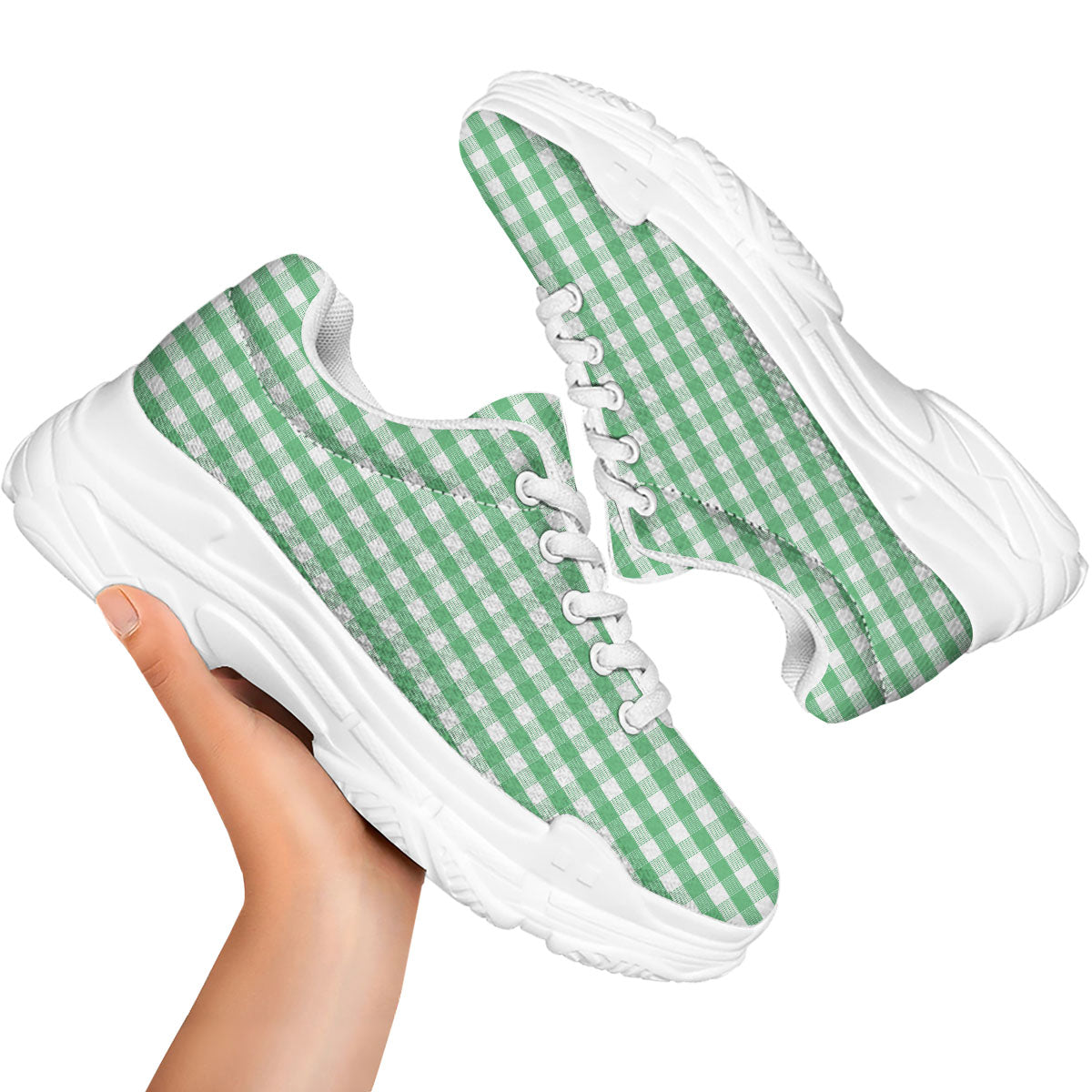 Gingham White And Green Print Pattern White Chunky Shoes-grizzshop