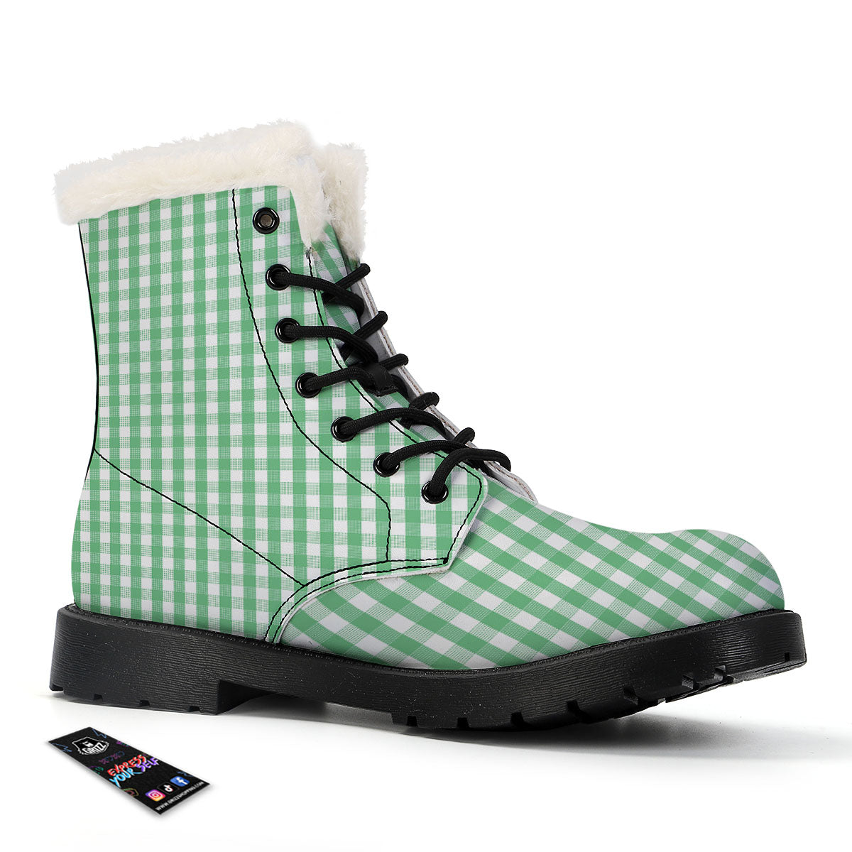 Gingham White And Green Print Pattern Winter Boots-grizzshop
