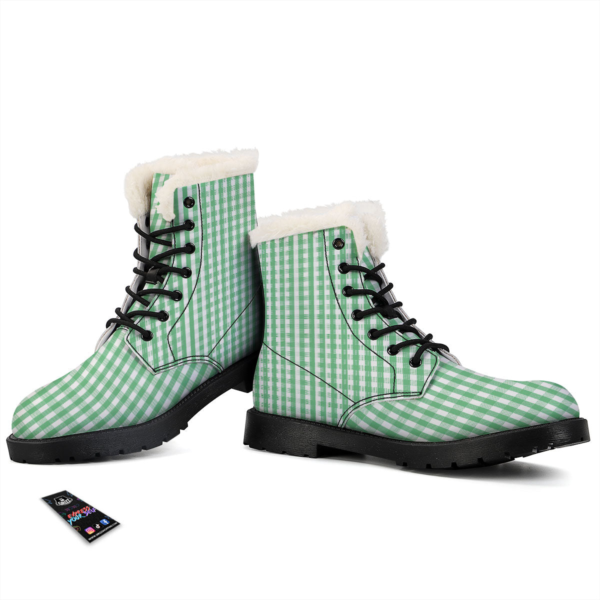 Gingham White And Green Print Pattern Winter Boots-grizzshop