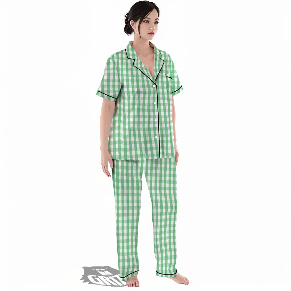 Gingham White And Green Print Pattern Women's Pajamas Set-grizzshop