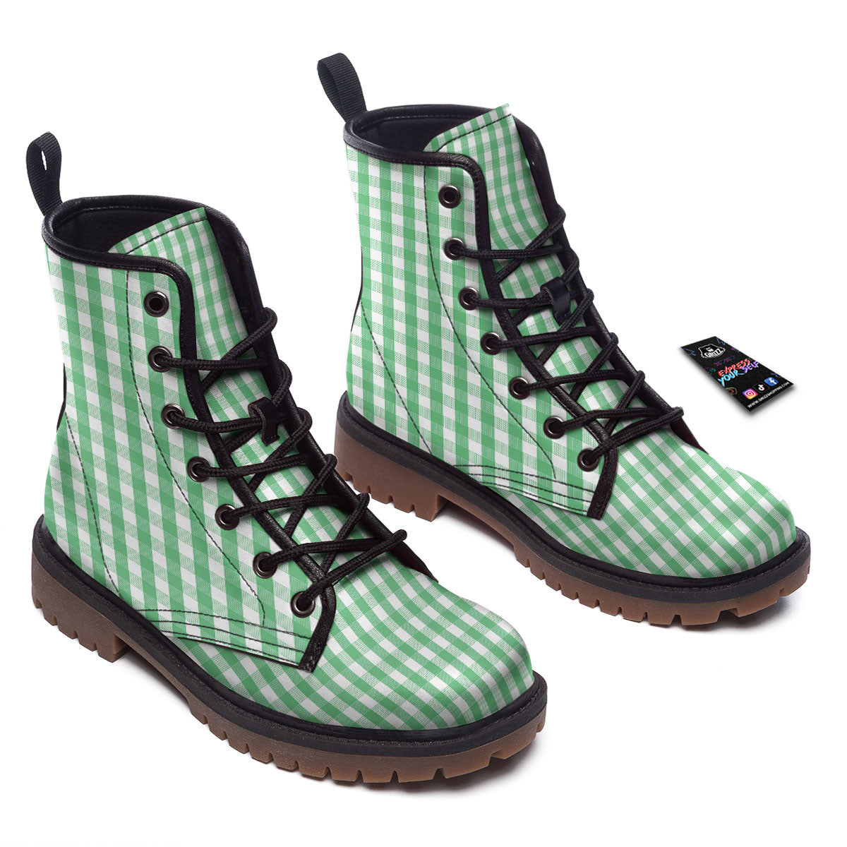 Gingham White And Green Print Pattern Work Boots-grizzshop
