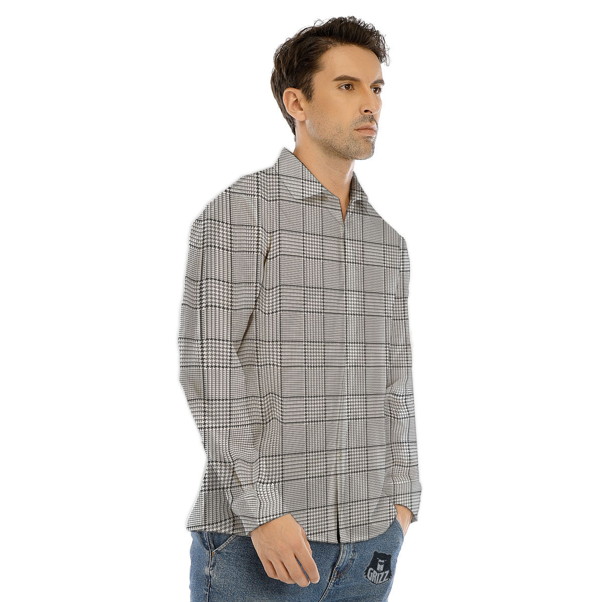 Gingham White And Grey Print Pattern Men's Dress Shirts-grizzshop