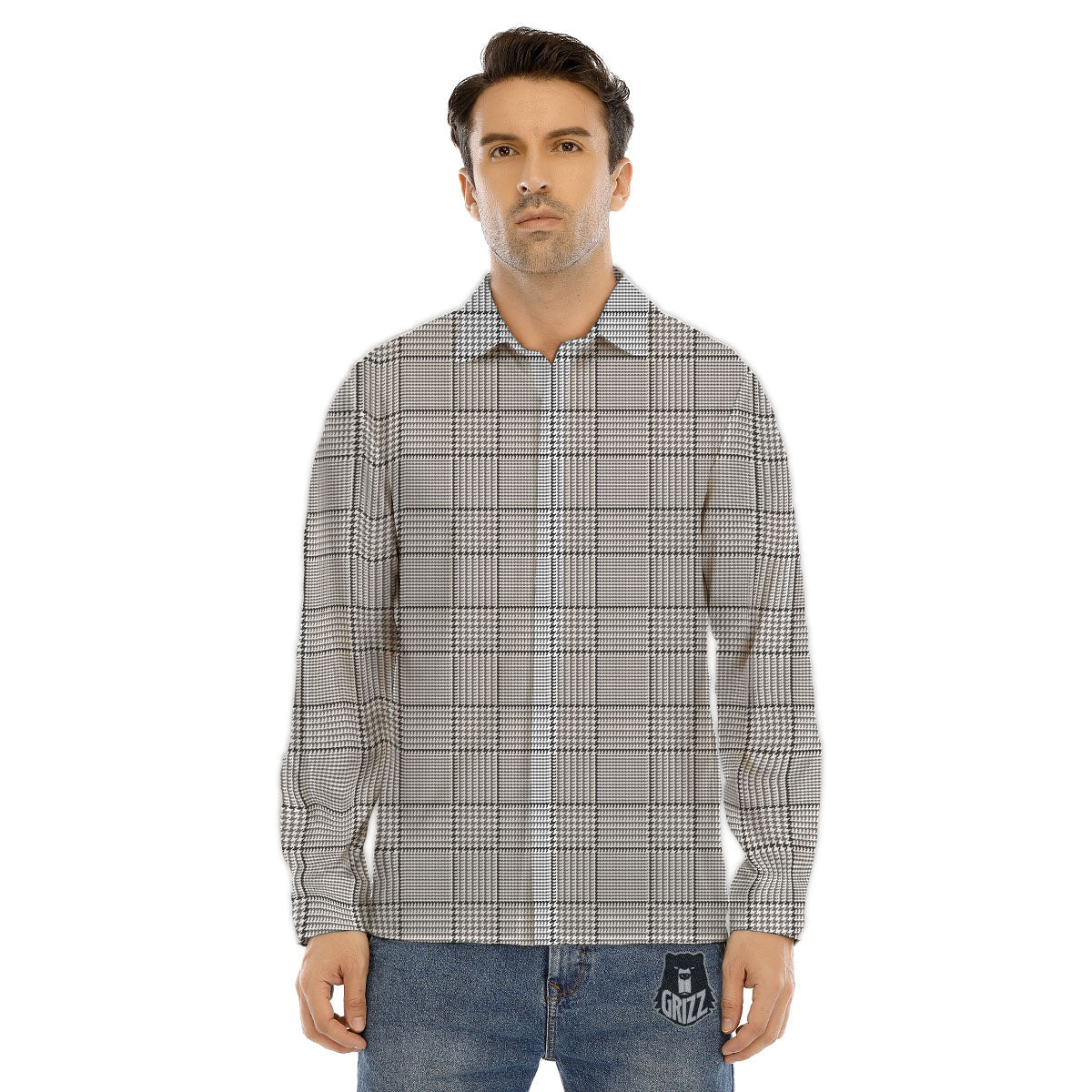 Gingham White And Grey Print Pattern Men's Dress Shirts-grizzshop