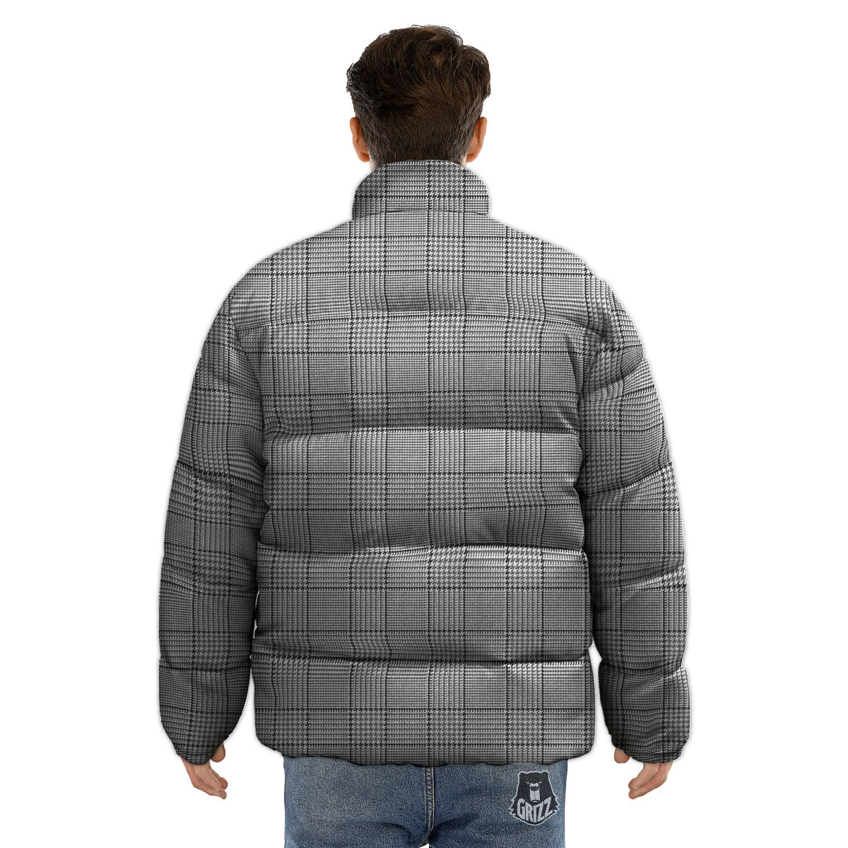 Gingham White And Grey Print Pattern Puffer Jacket-grizzshop
