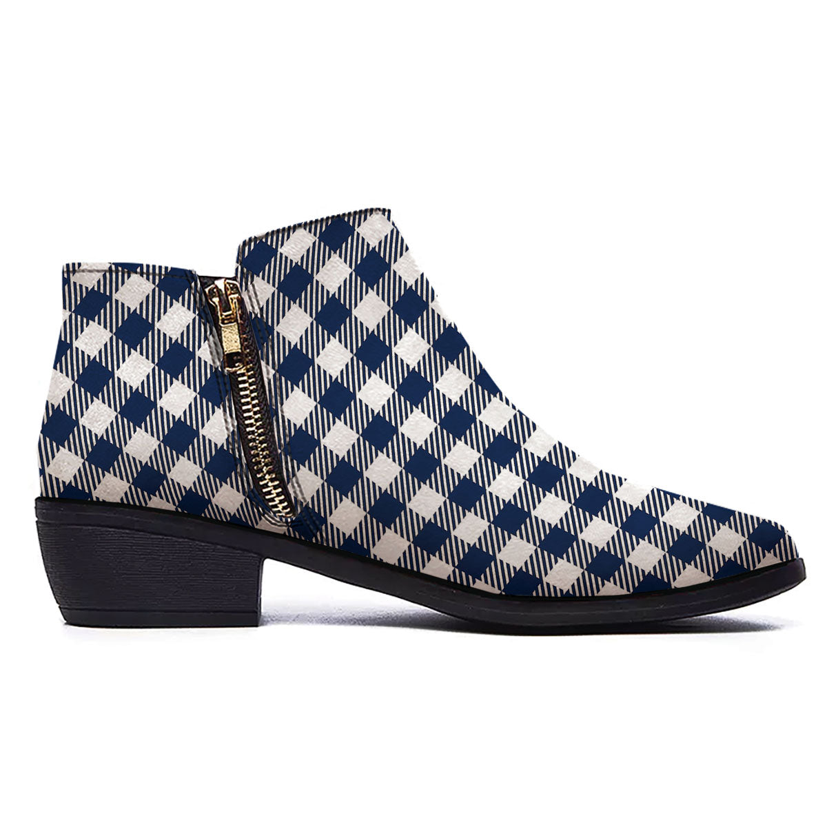 Gingham White And Navy Print Pattern Ankle Boots-grizzshop