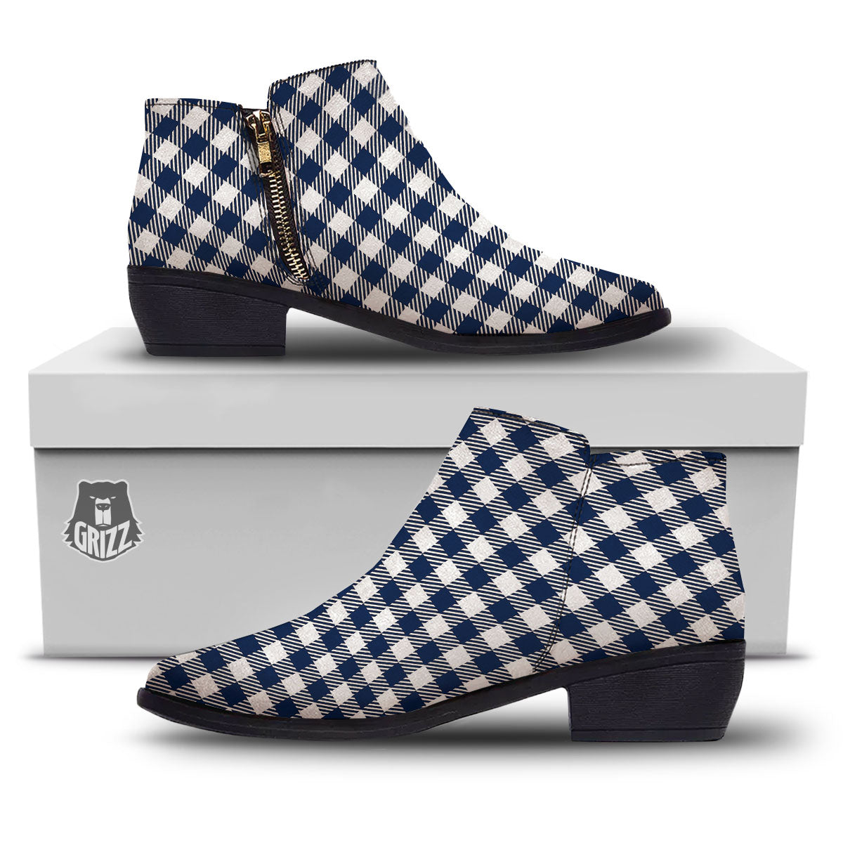 Gingham White And Navy Print Pattern Ankle Boots-grizzshop