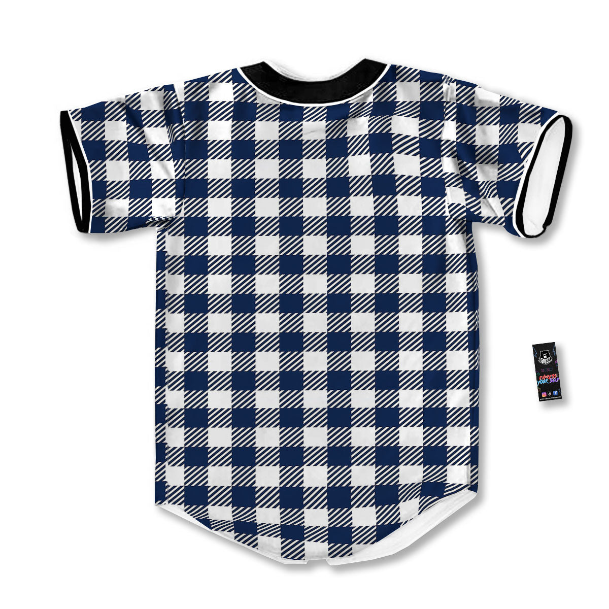 Gingham White And Navy Print Pattern Baseball Jersey-grizzshop