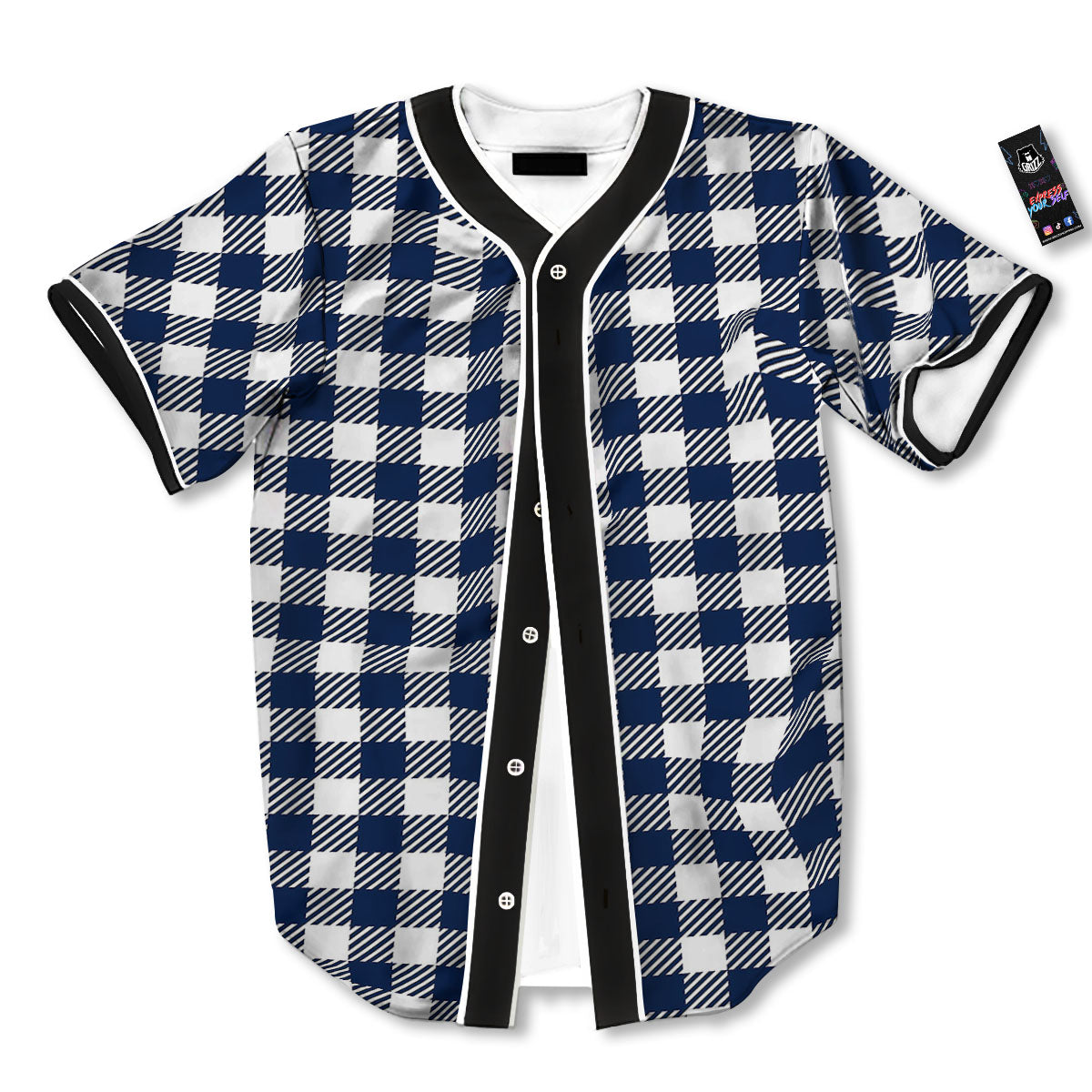 Gingham White And Navy Print Pattern Baseball Jersey-grizzshop