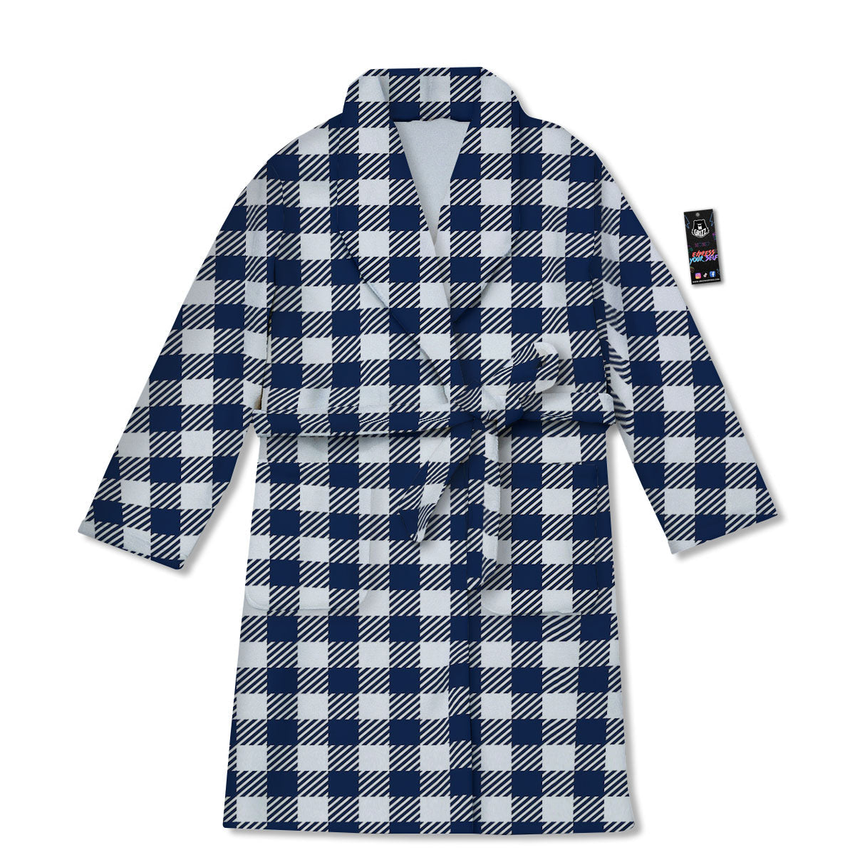 Gingham White And Navy Print Pattern Bathrobe-grizzshop