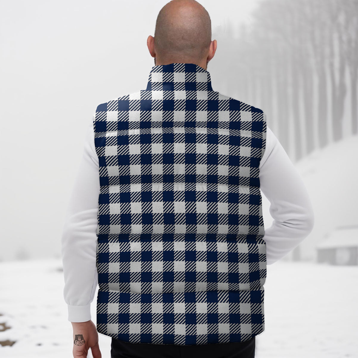 Gingham White And Navy Print Pattern Down Vest-grizzshop