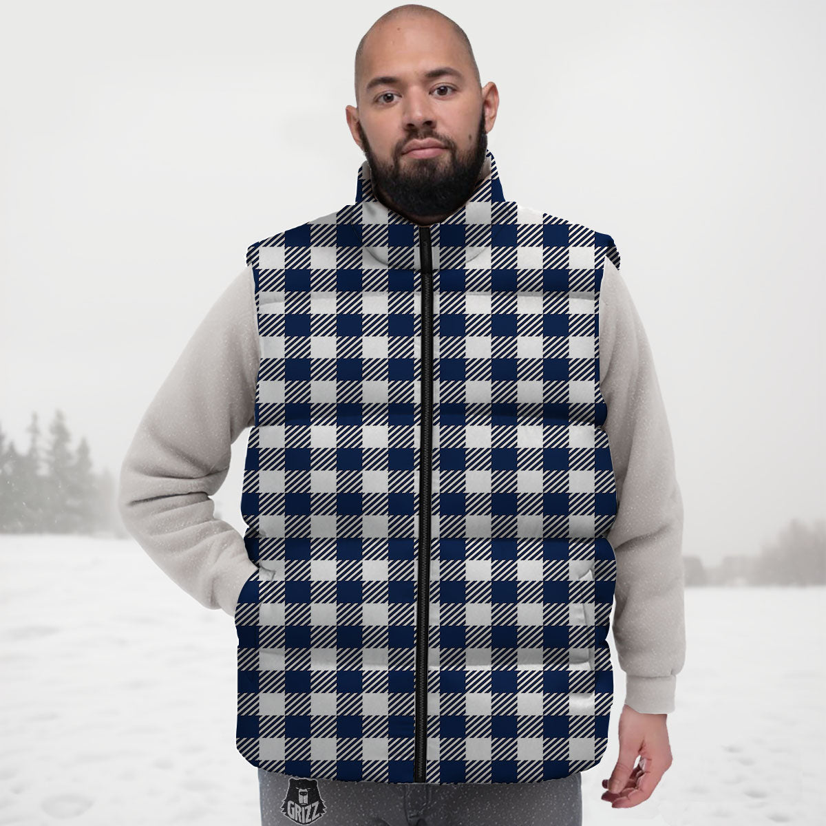 Gingham White And Navy Print Pattern Down Vest-grizzshop
