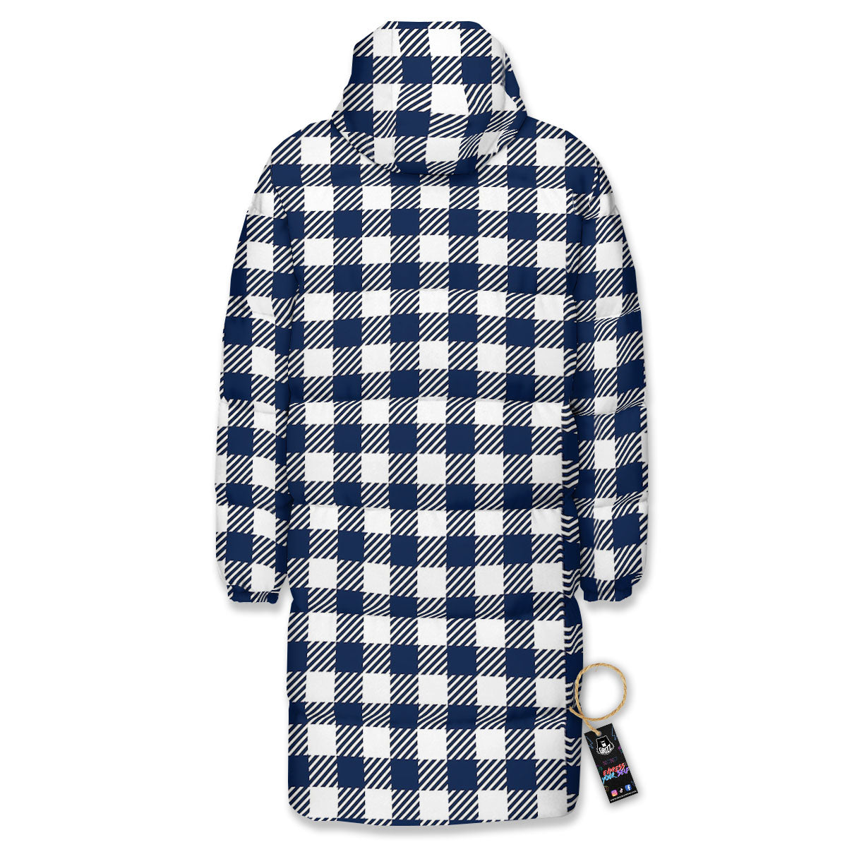 Gingham White And Navy Print Pattern Long Down Jacket-grizzshop