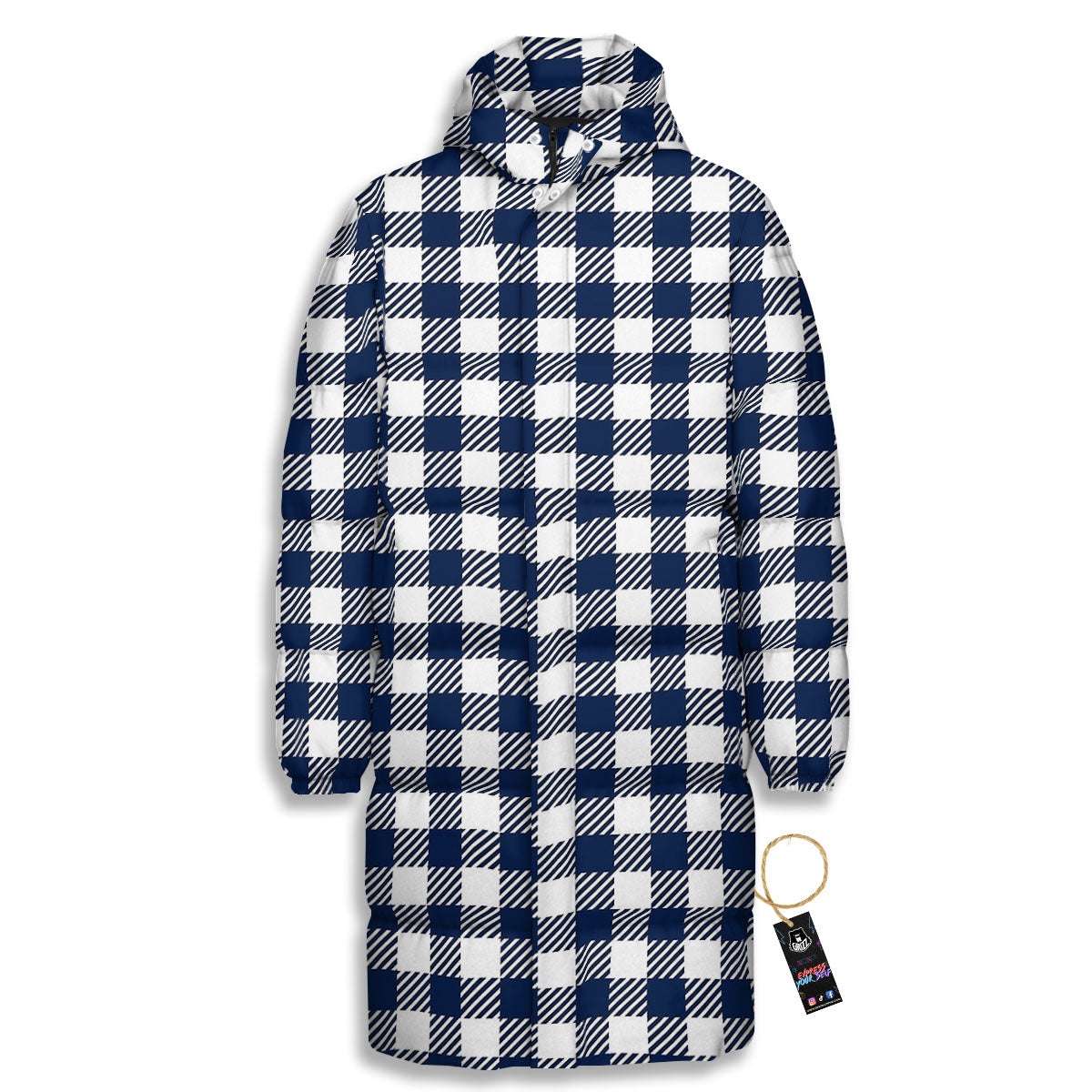 Gingham White And Navy Print Pattern Long Down Jacket-grizzshop