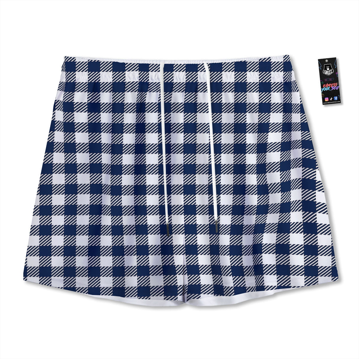 Gingham White And Navy Print Pattern Mesh Shorts