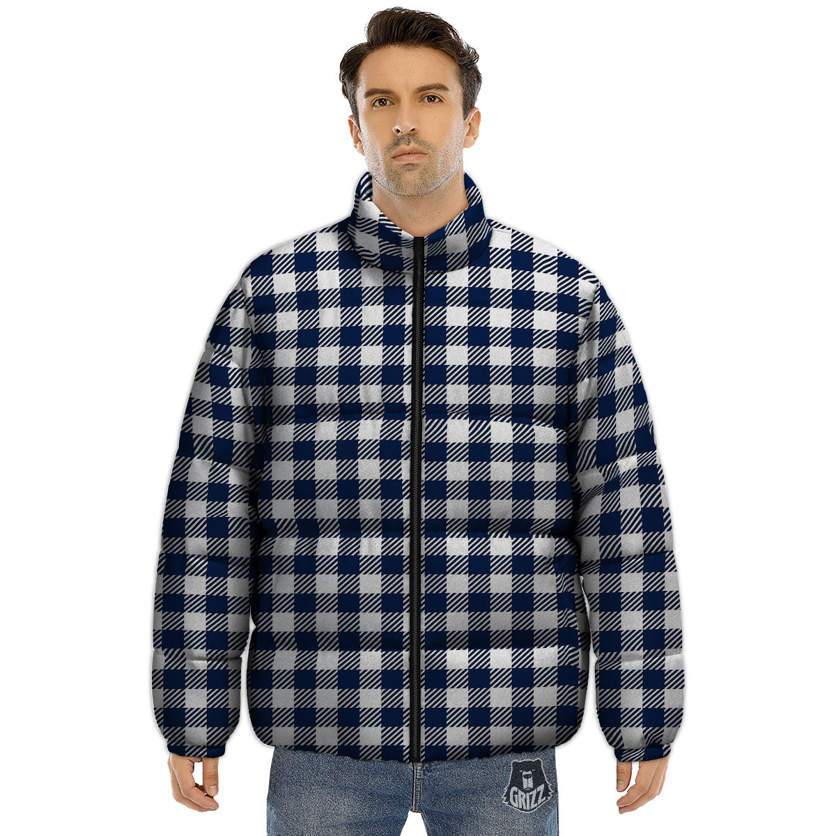 Gingham White And Navy Print Pattern Puffer Jacket-grizzshop