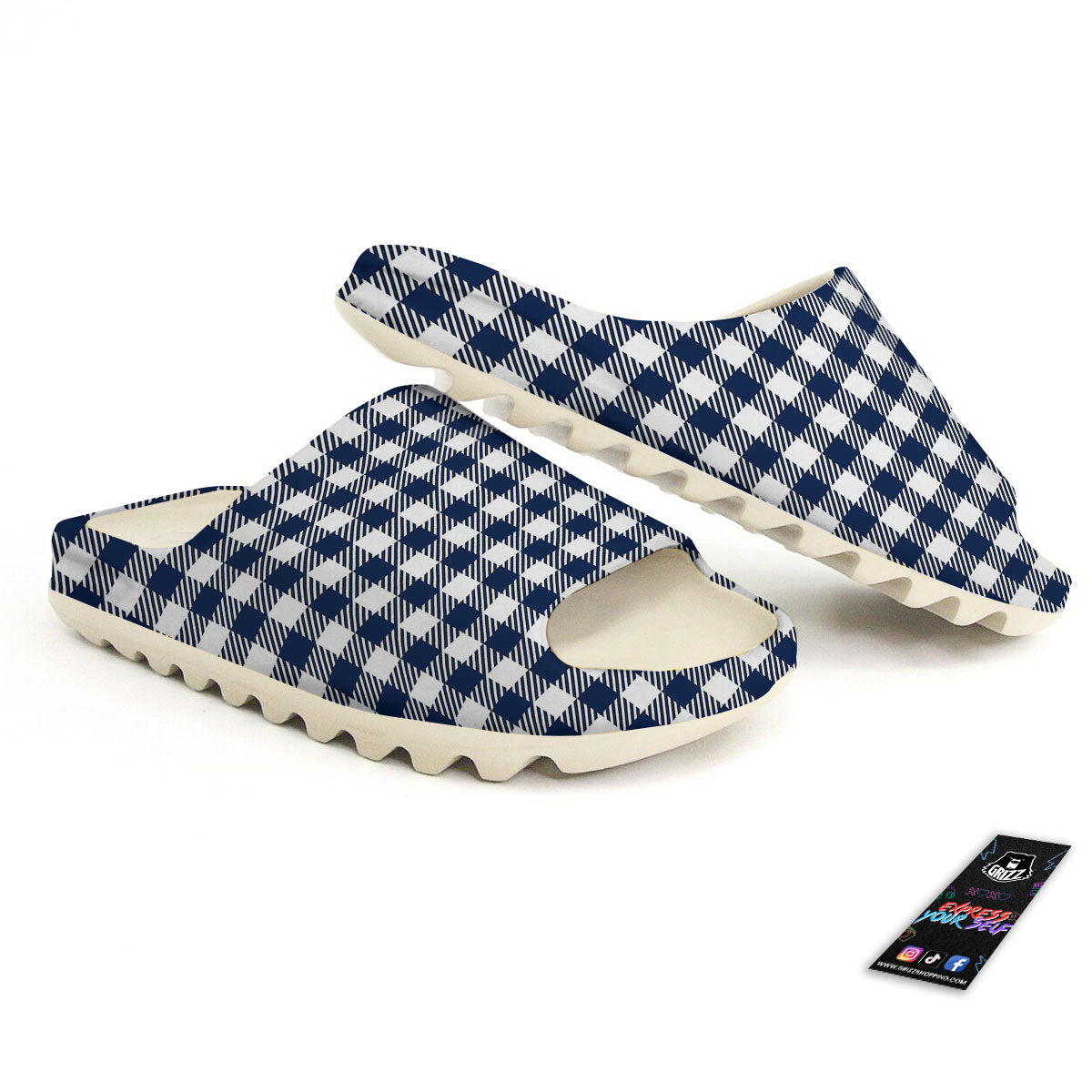 Gingham White And Navy Print Pattern Sandals-grizzshop
