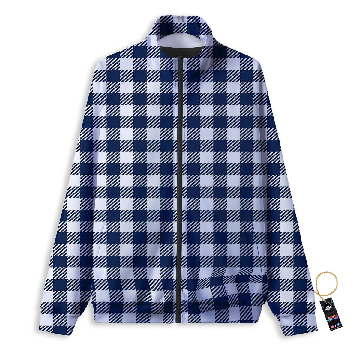Gingham White And Navy Print Pattern Track Jacket-grizzshop