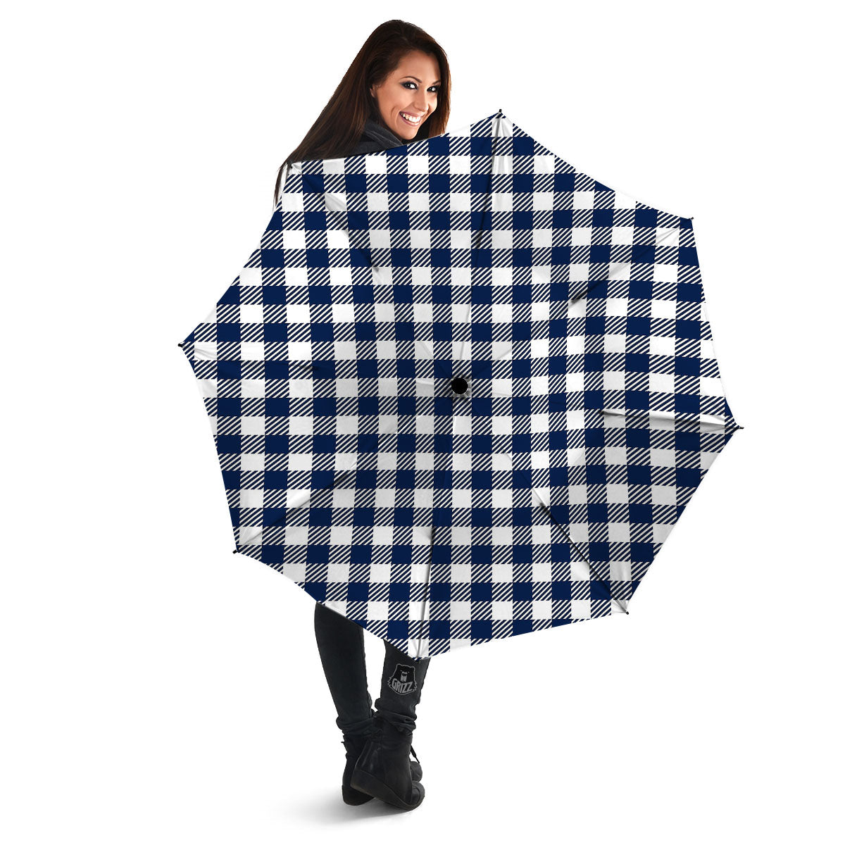 Gingham White And Navy Print Pattern Umbrella-grizzshop