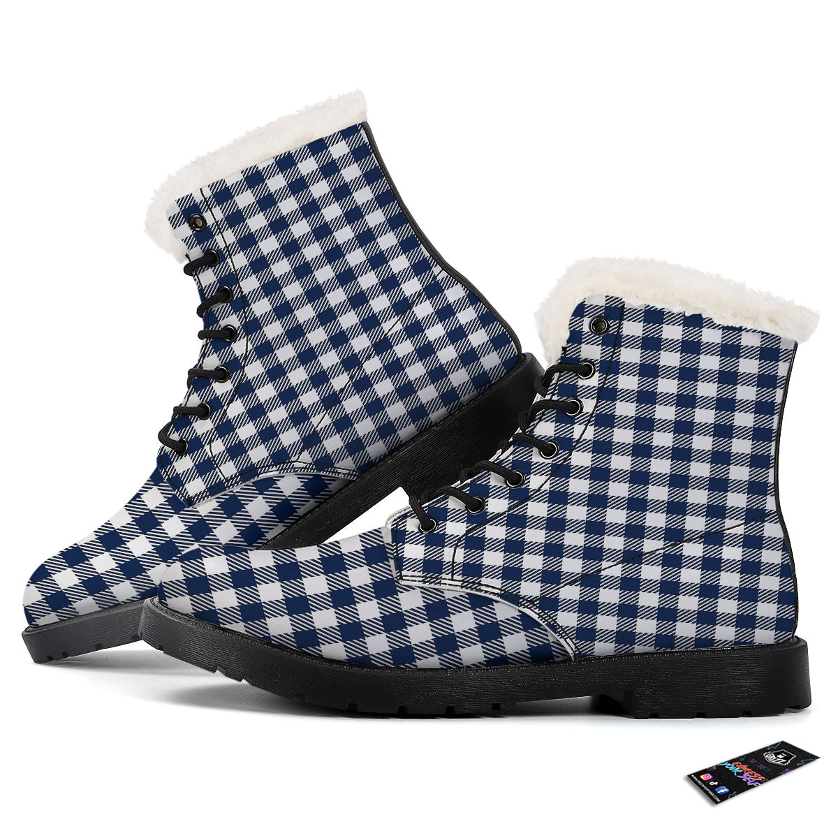 Gingham White And Navy Print Pattern Winter Boots-grizzshop