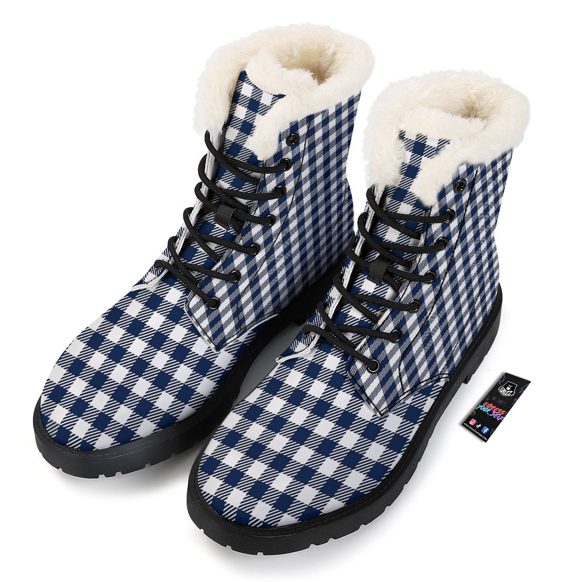 Gingham White And Navy Print Pattern Winter Boots-grizzshop