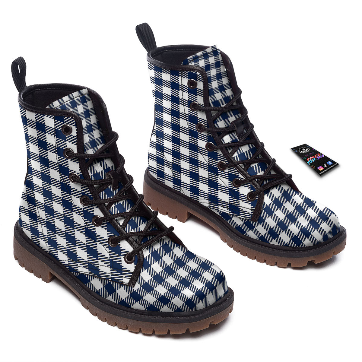 Gingham White And Navy Print Pattern Work Boots-grizzshop